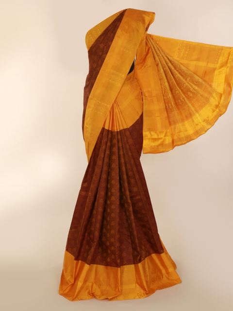 

Pothys Brown & Mustard Pure Silk Colourblocked Kanjeevaram Saree