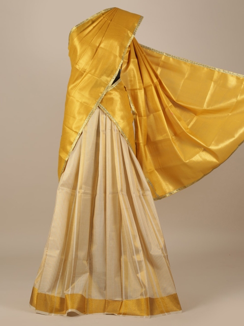 

Pothys Gold-Toned & Cream-Coloured Tissue Solid Half Saree