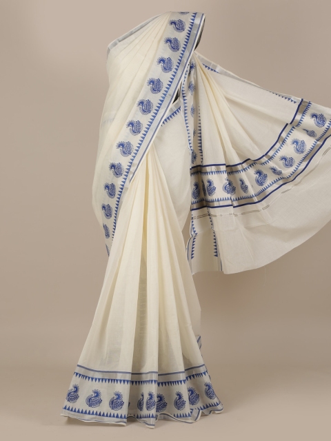 

Pothys Cream-Coloured & Blue Pure Cotton Solid Kasavu Saree