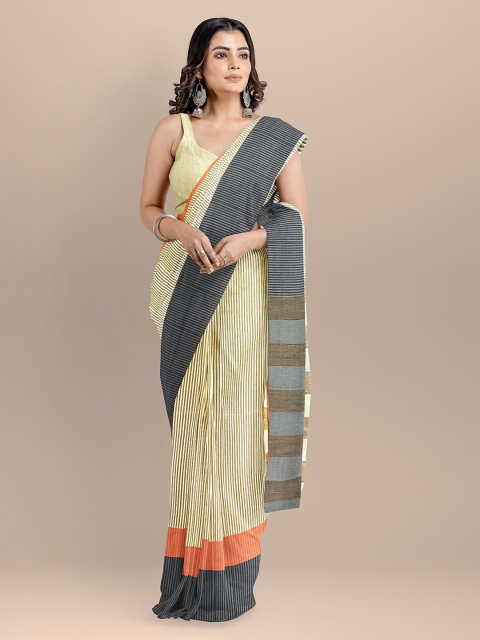 

BharatSthali Yellow & Grey Silk Cotton Striped Kota Handloom Saree