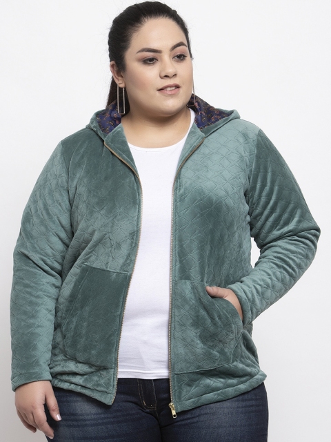 

plusS Women Green Solid Hooded Pure Cotton Sweatshirt