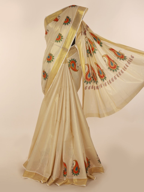 

Pothys Beige Pure Cotton Printed Kasavu Saree