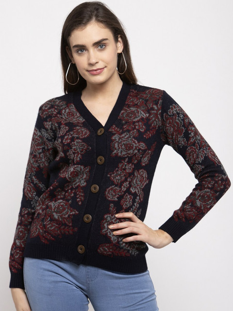 

Kalt Women Black & Maroon Self Design Cardigan