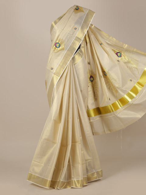 

Pothys Cream-Coloured & Gold-Toned Pure Cotton Embroidered Kasavu Saree