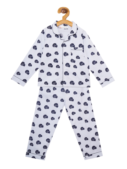 

Fluffalump Unisex Kids White & Navy Blue Printed Night suit