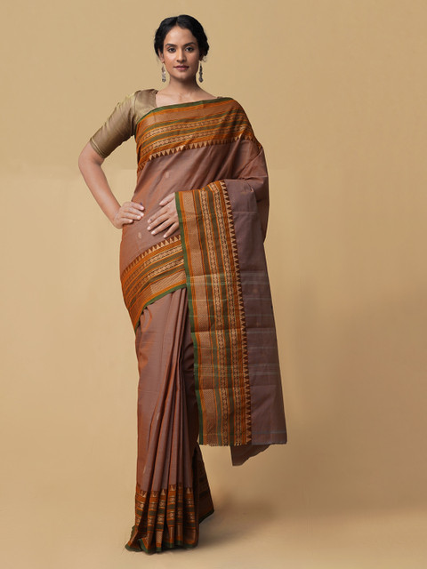 

Unnati Silks Brown & Yellow Pure Cotton Striped Chettinad Saree
