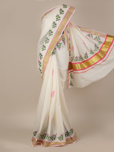 

Pothys Off-White Pure Cotton Solid Kasavu Saree