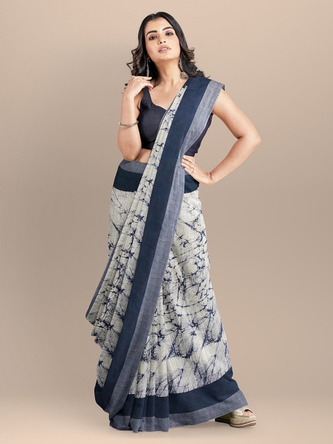 

BharatSthali Navy Blue & Off-White Pure Cotton Printed Khadi Saree