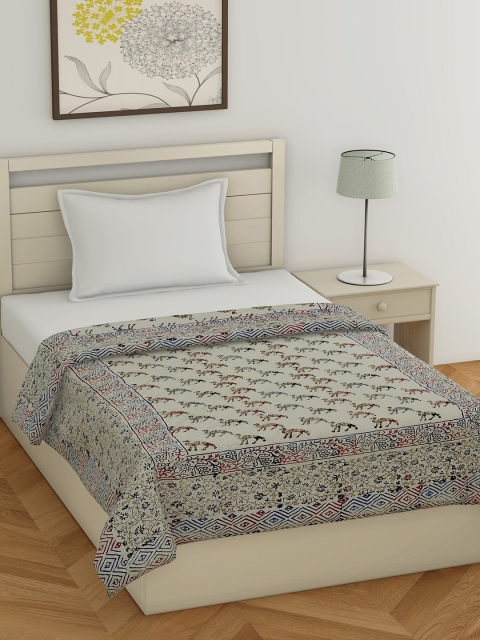 

Gulaab Jaipur Off-White & Blue Hand Block Printed 450 GSM Cotton Single Bed Quilt