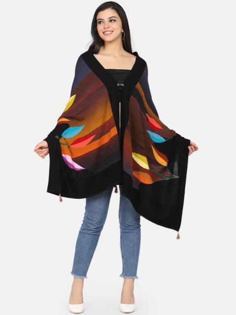 

Saanjh Women Black & Brown Printed Woollen Poncho Sweater
