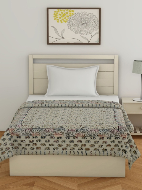 

Gulaab Jaipur Cream-Coloured & Pink Ethnic Motifs Hand Block Printed Mild Winter 450 GSM Single Bed Quilt