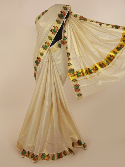 

Pothys Beige & Gold-Toned Pure Cotton Solid Kasavu Saree