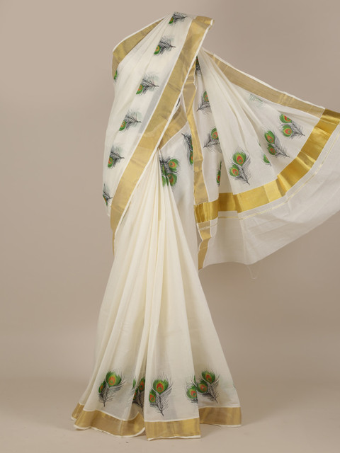 

Pothys Off-White & Green Pure Cotton Embroidered Kasavu Saree