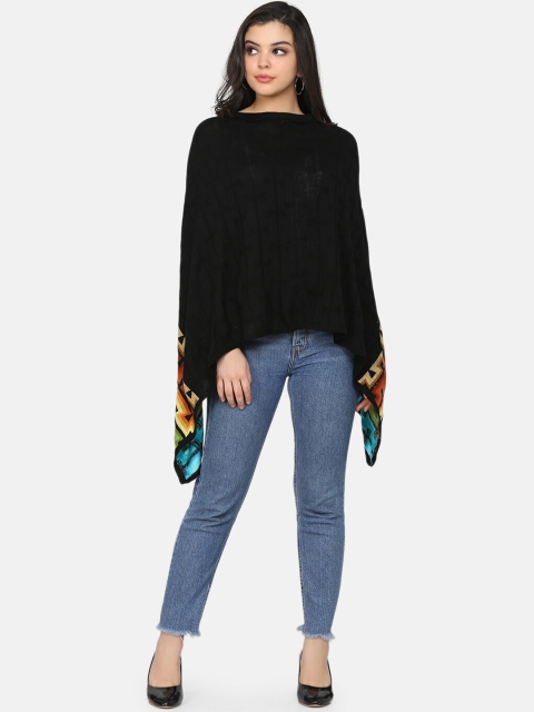 

Saanjh Women Black & Orange Printed Woollen Poncho Sweater