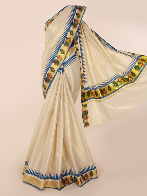 

Pothys Beige & Gold-Toned Pure Cotton Solid Kasavu Saree