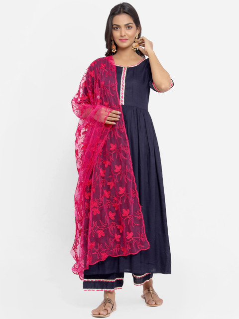 

Indi INSIDE Women Navy Blue & Red Solid Kurta with Palazzos & Dupatta