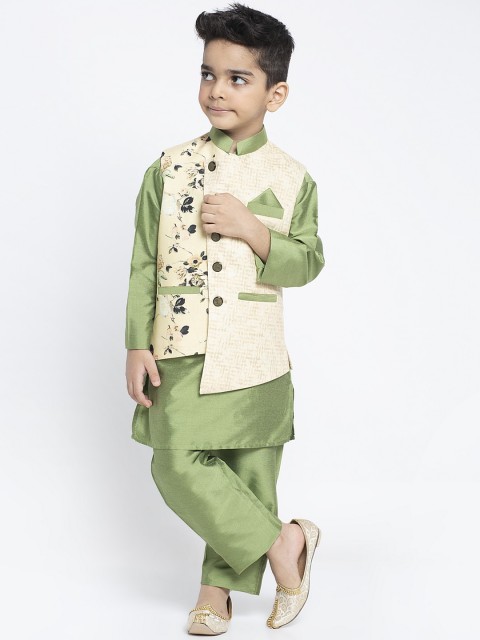 

MAXENCE Boys Cream-Coloured & Green Solid Kurta with Pyjamas