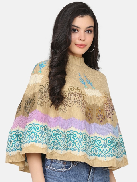 

Saanjh Women Beige & White Printed Poncho Sweater