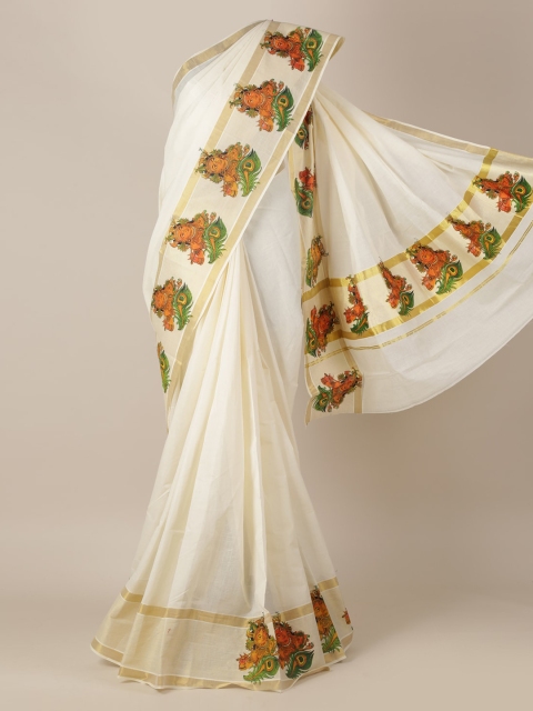 

Pothys Off-White Solid Kasavu Saree