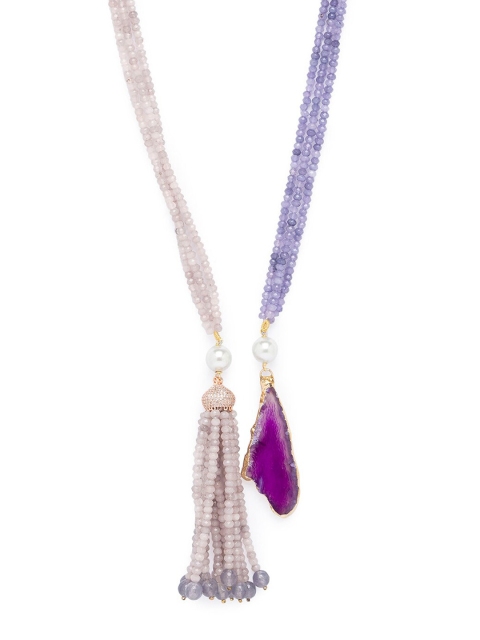 

JOULES BY RADHIKA Gold-Plated Purple & Grey Agate & Pearl Beaded Multi-Layered Necklace
