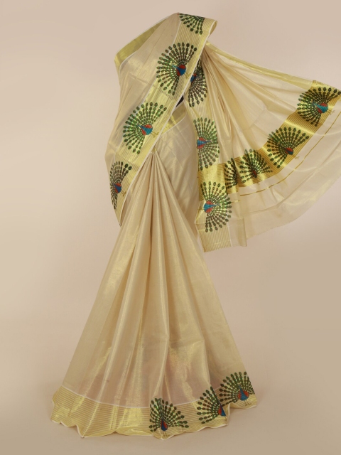 

Pothys Beige & Gold-Toned Pure Cotton Solid Kasavu Saree
