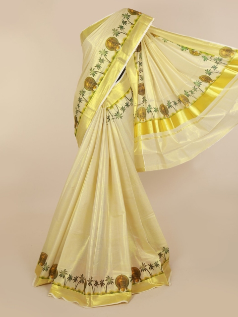 

Pothys Gold-Toned & Beige Pure Cotton Printed Kasavu Saree