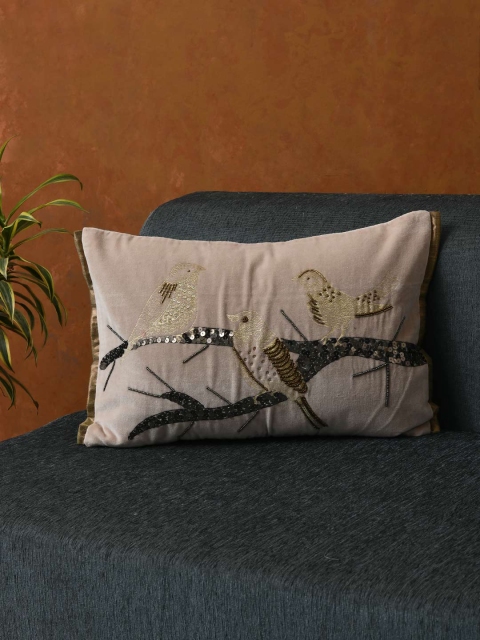 

AMOROSA Taupe & Beige Embroidered Ctriping Birds Quirky Cushion Cover