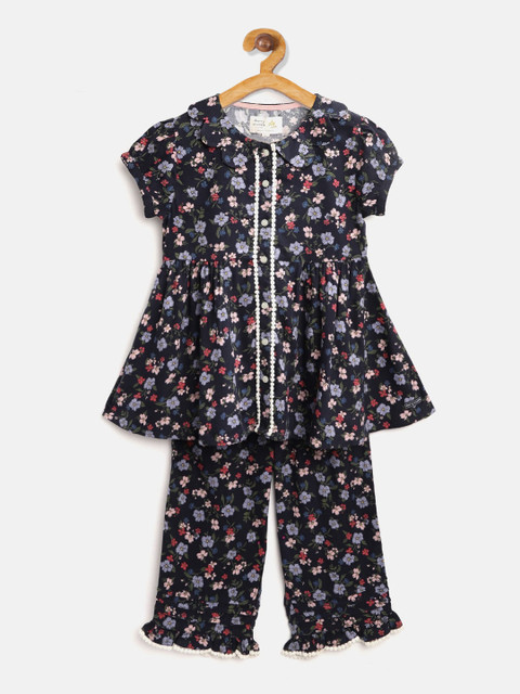 

Cherry Crumble Girls Navy Blue & Purple Floral Printed Night suit