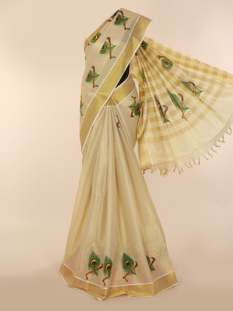 

Pothys Cream-Coloured & Gold-Toned Pure Cotton Solid Kasavu Saree