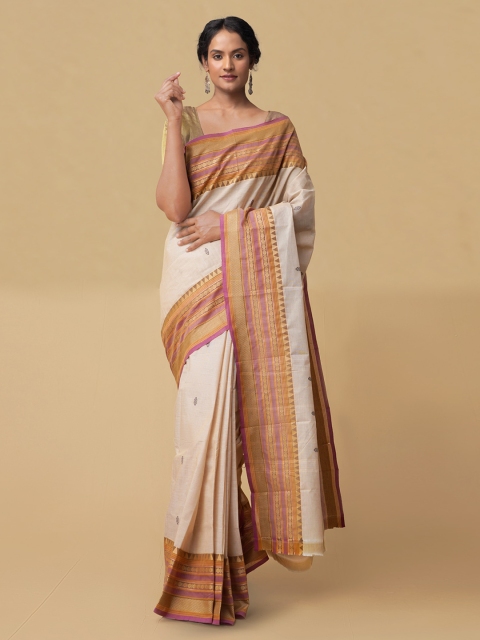 

Unnati Silks Cream-Coloured Woven Design Chettinad Saree