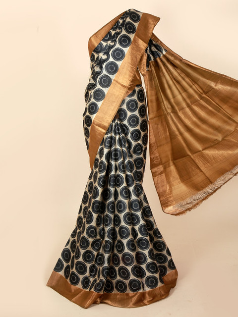 

Pothys Cream-Coloured & Black Jute Silk Printed Tussar Saree