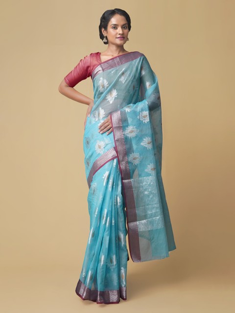 

Unnati Silks Blue & Silver-Toned Silk Cotton Woven Design Banarasi Saree