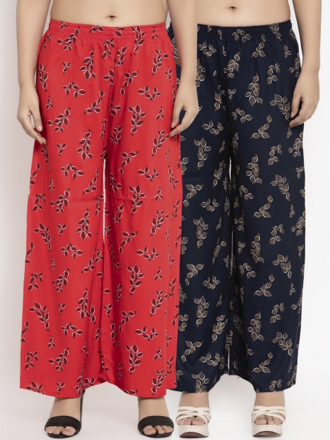 

KLOTTHE Women Pack Of 2 Red & Navy Blue Printed Straight Palazzos