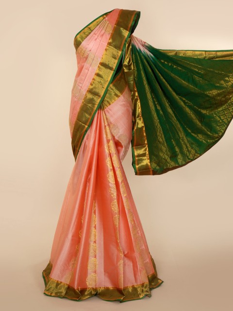 

Pothys Peach-Coloured & Green Pure Silk Colourblocked Kanjeevaram Saree