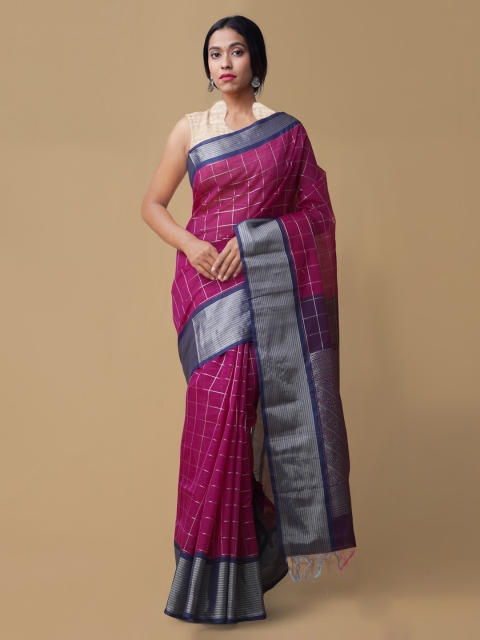 

Unnati Silks Pink & Purple Checked Uppada Saree