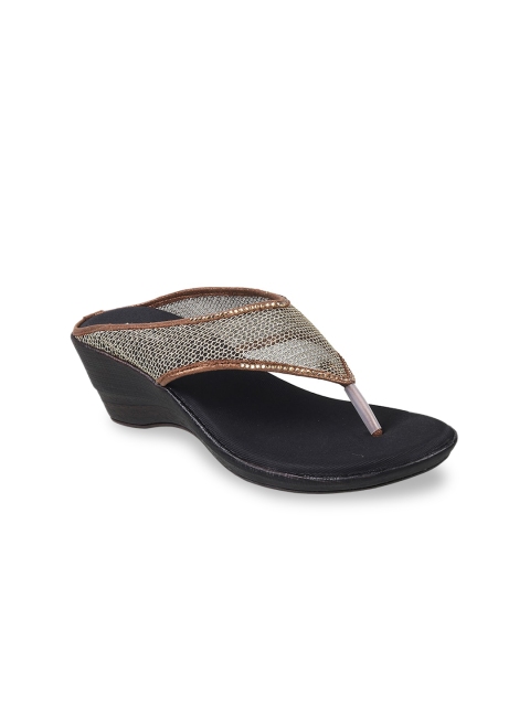 

WALKWAY Women Gold-Toned & Black Woven Design Sandals