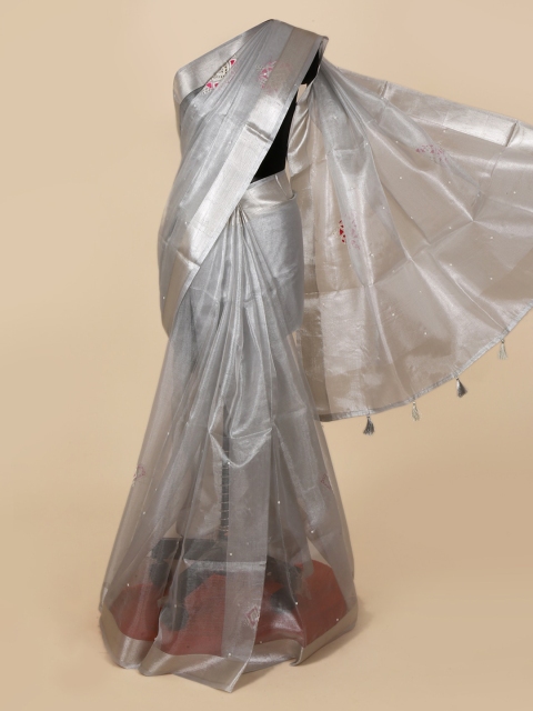 

Pothys Silver-Toned Embroidered Cotton Blend Saree