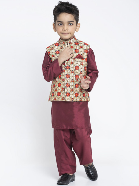 

MAXENCE Boys Maroon Solid Kurta with Pyjamas Set with Waistcoat