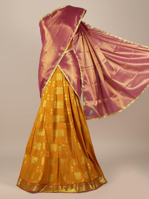 

Pothys Pink & Yellow Woven Design Semi-Stitched Lehenga & Unstitched Blouse with Dupatta