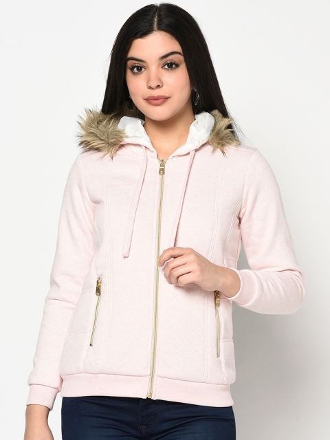 

METTLE Women Pink Solid Hooded Sweatshirt