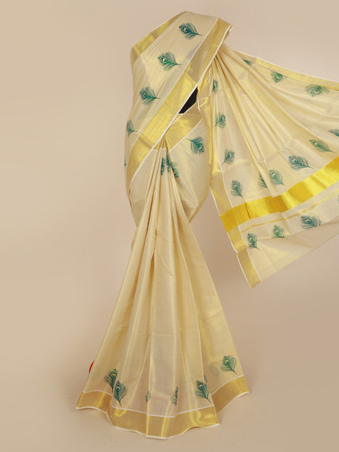 

Pothys Beige & Gold-Toned Pure Cotton Printed Kasavu Saree