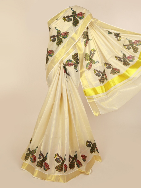 

Pothys Beige & Green Pure Cotton Solid Kasavu Saree