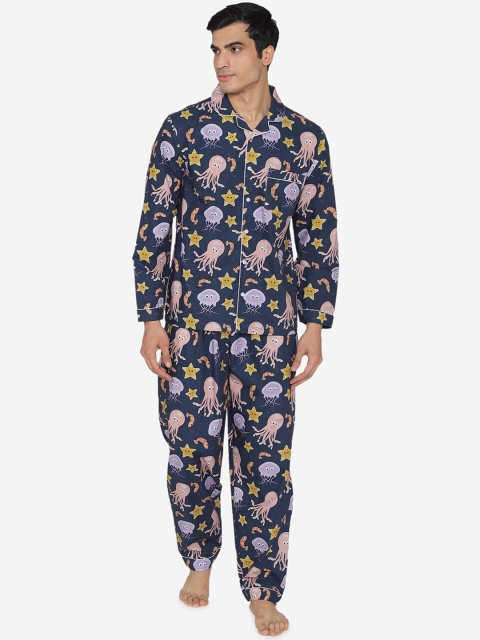 

Fluffalump Men Navy Blue & Pink Printed Night suit