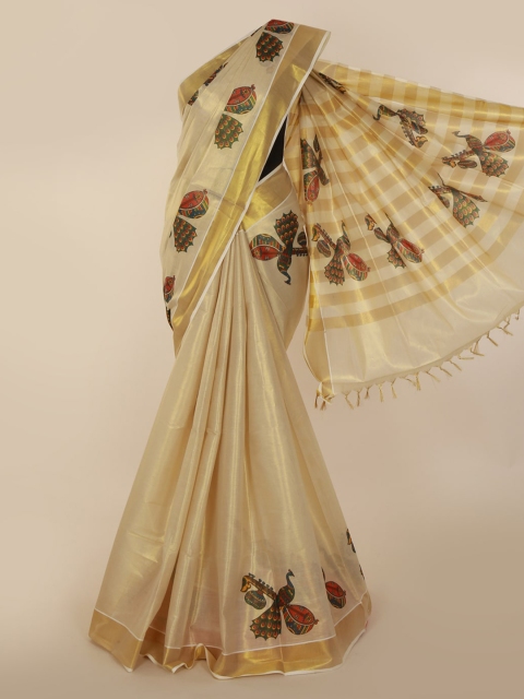 

Pothys Gold-Toned & Beige Pure Cotton Printed Kasavu Saree