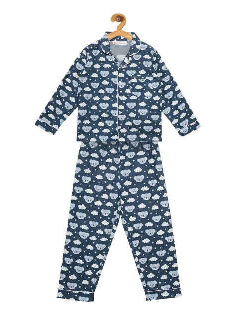 

Fluffalump Kids Navy Blue & Off-White Printed Night suit