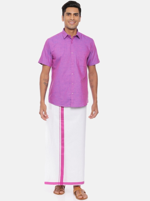 UATHAYAM Men Purple & White Solid Shirt With Dhoti