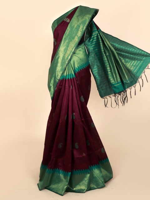 

Pothys Purple & Green Jute Silk Woven Design Saree