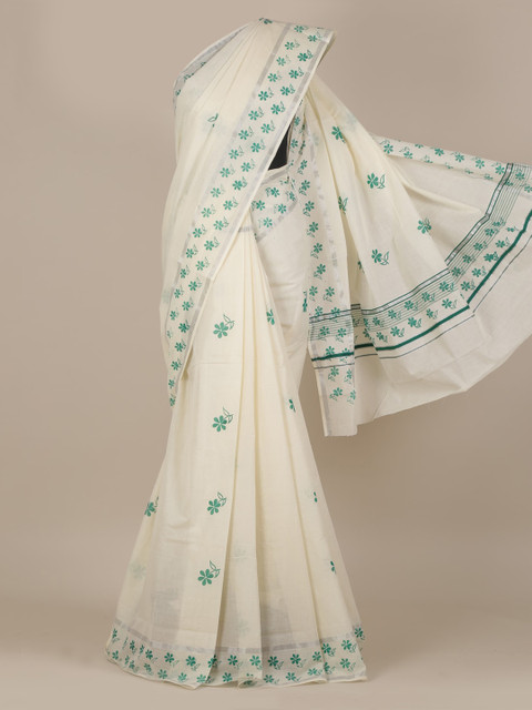 

Pothys Off-White & Green Pure Cotton Printed Kasavu Saree