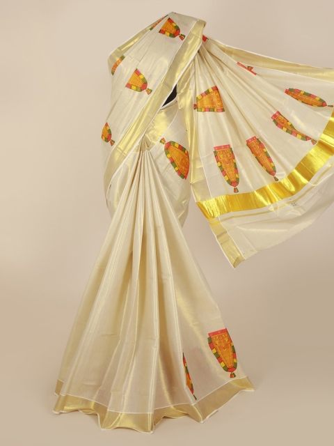 

Pothys Cream-Coloured & Gold-Toned Pure Cotton Printed Kasavu Saree