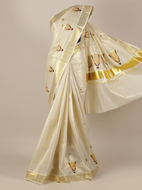 

Pothys Beige Pure Cotton Embroidered Kasavu Saree